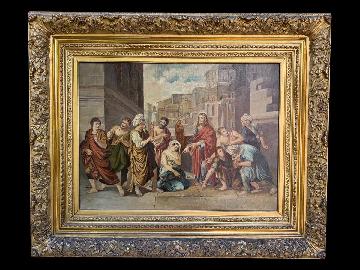 Tableau religieux, le Christ et L'hémorroïsse daté 1886 et signé Juliette VASSEUR 