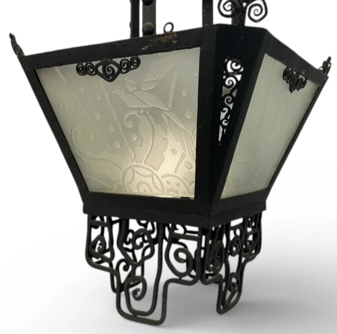 Vintage Art Deco Lantern From 1925–1930, Made Of Wrought And Hammered Iron, With Engraved Frosted Glass.-photo-2