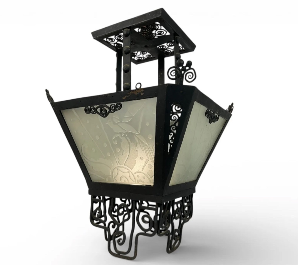 Vintage Art Deco Lantern From 1925–1930, Made Of Wrought And Hammered Iron, With Engraved Frosted Glass.