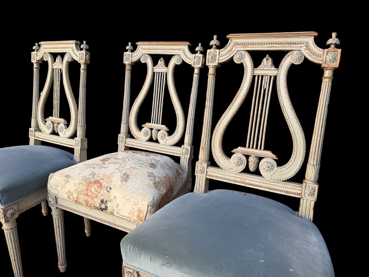 3 chaises de style Louis XVI, dossier lyre, époque Napoléon III -photo-2