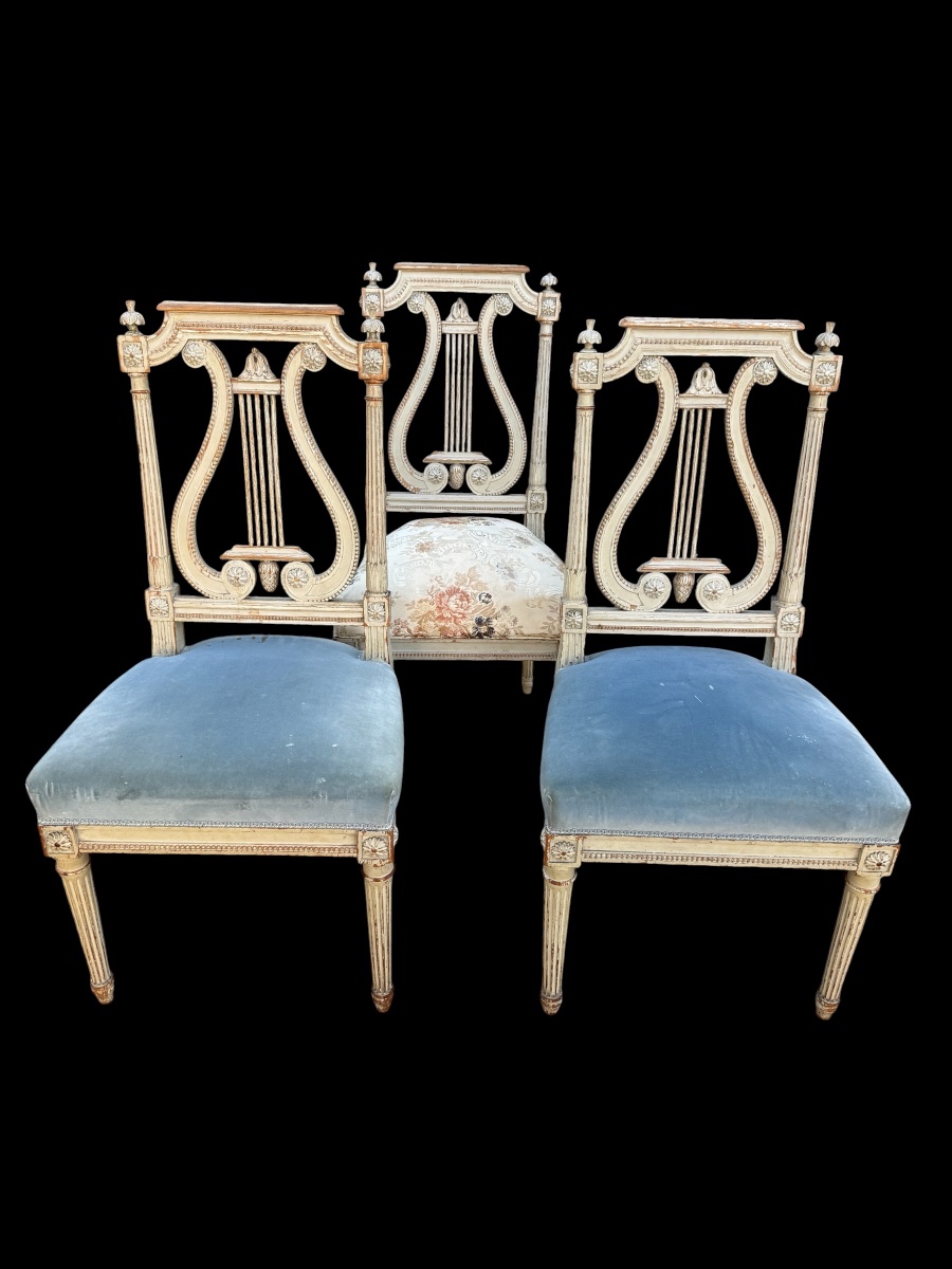 3 chaises de style Louis XVI, dossier lyre, époque Napoléon III -photo-3