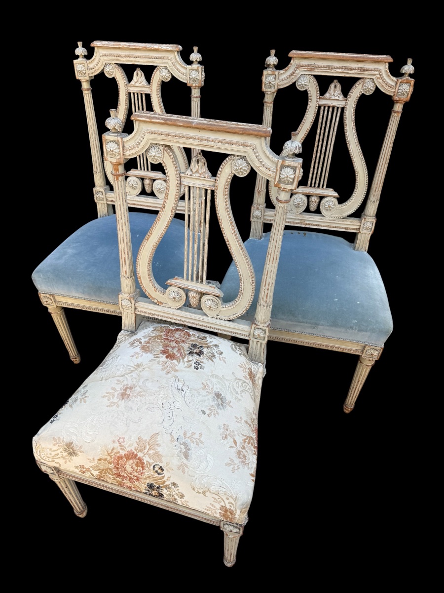 3 chaises de style Louis XVI, dossier lyre, époque Napoléon III -photo-4