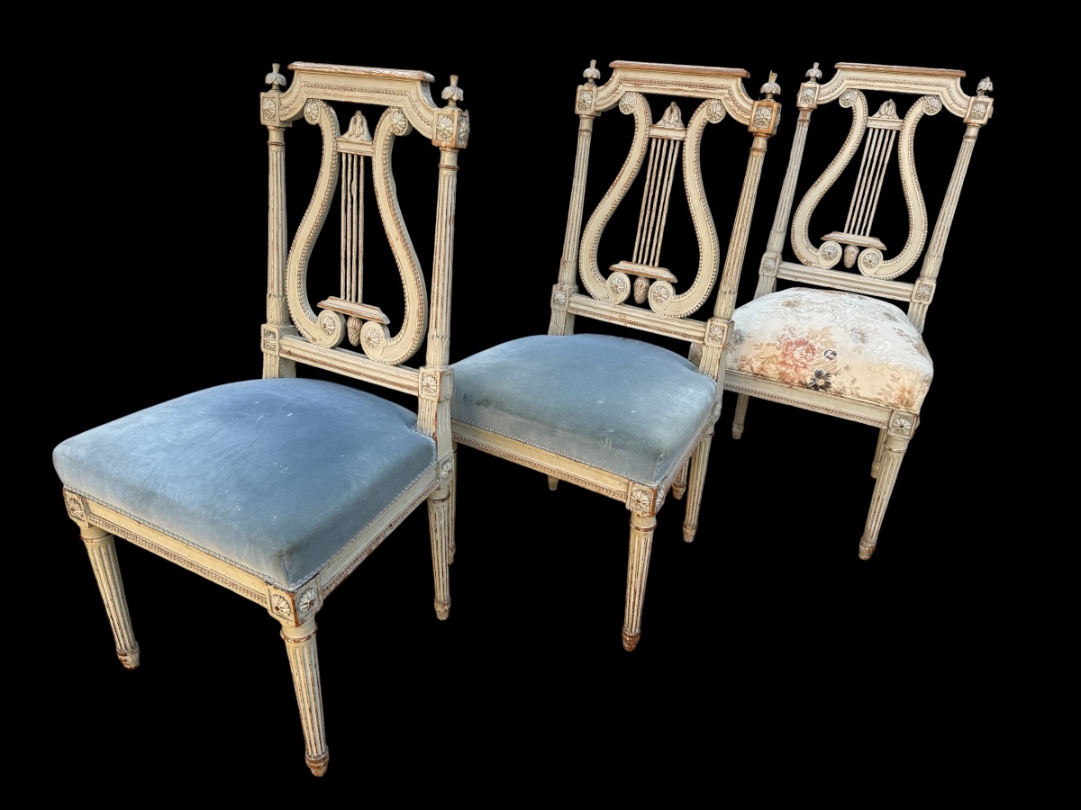 3 chaises de style Louis XVI, dossier lyre, époque Napoléon III -photo-1