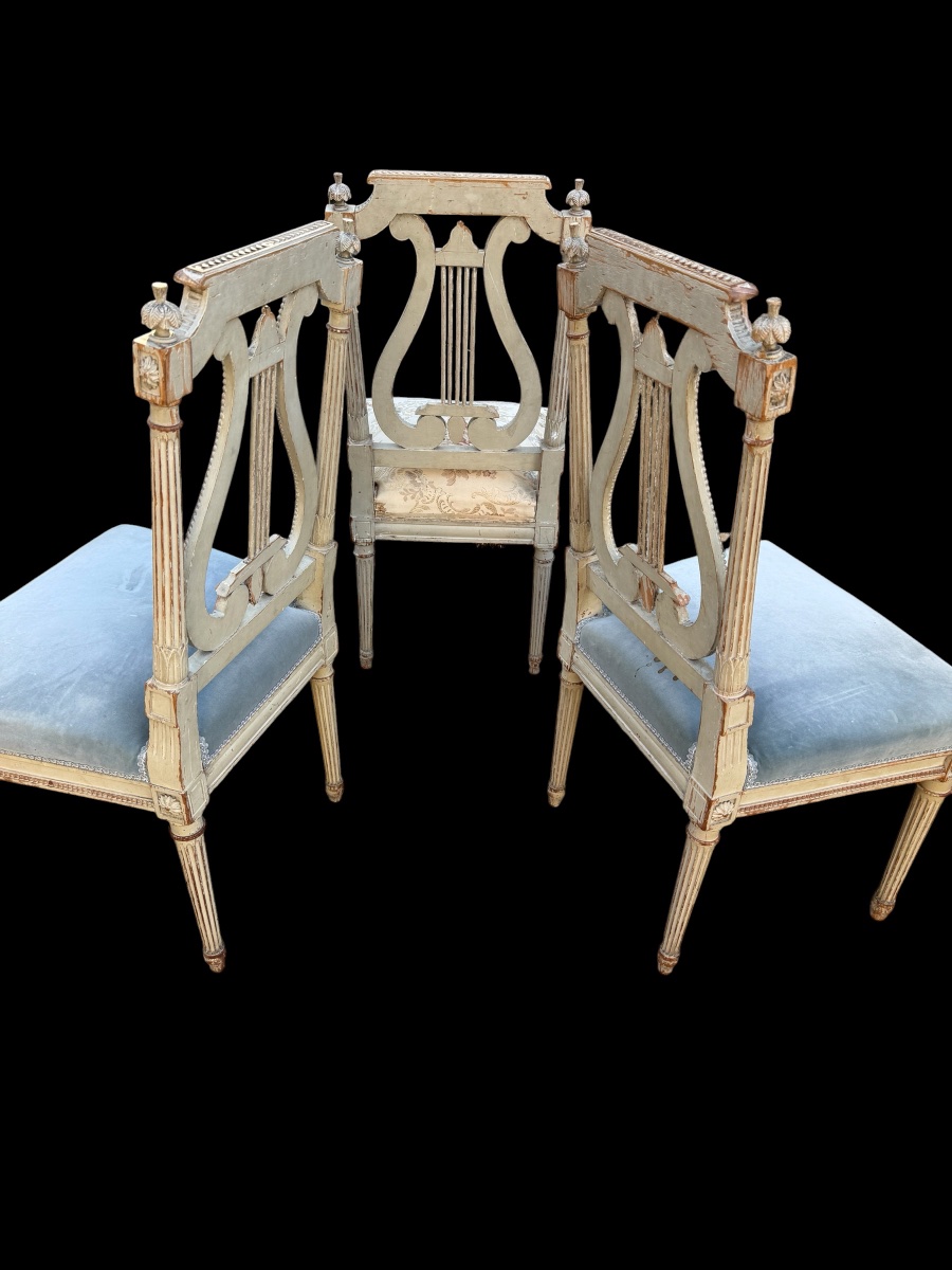 3 chaises de style Louis XVI, dossier lyre, époque Napoléon III -photo-3