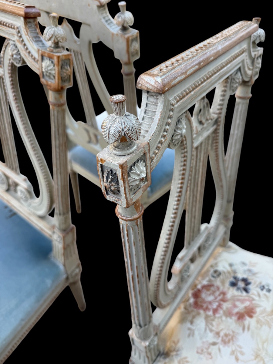 3 chaises de style Louis XVI, dossier lyre, époque Napoléon III -photo-4