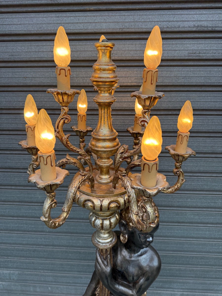 Torchère Nubien en bois sculpté et argenté a 9 lumières , XXème siècle -photo-3