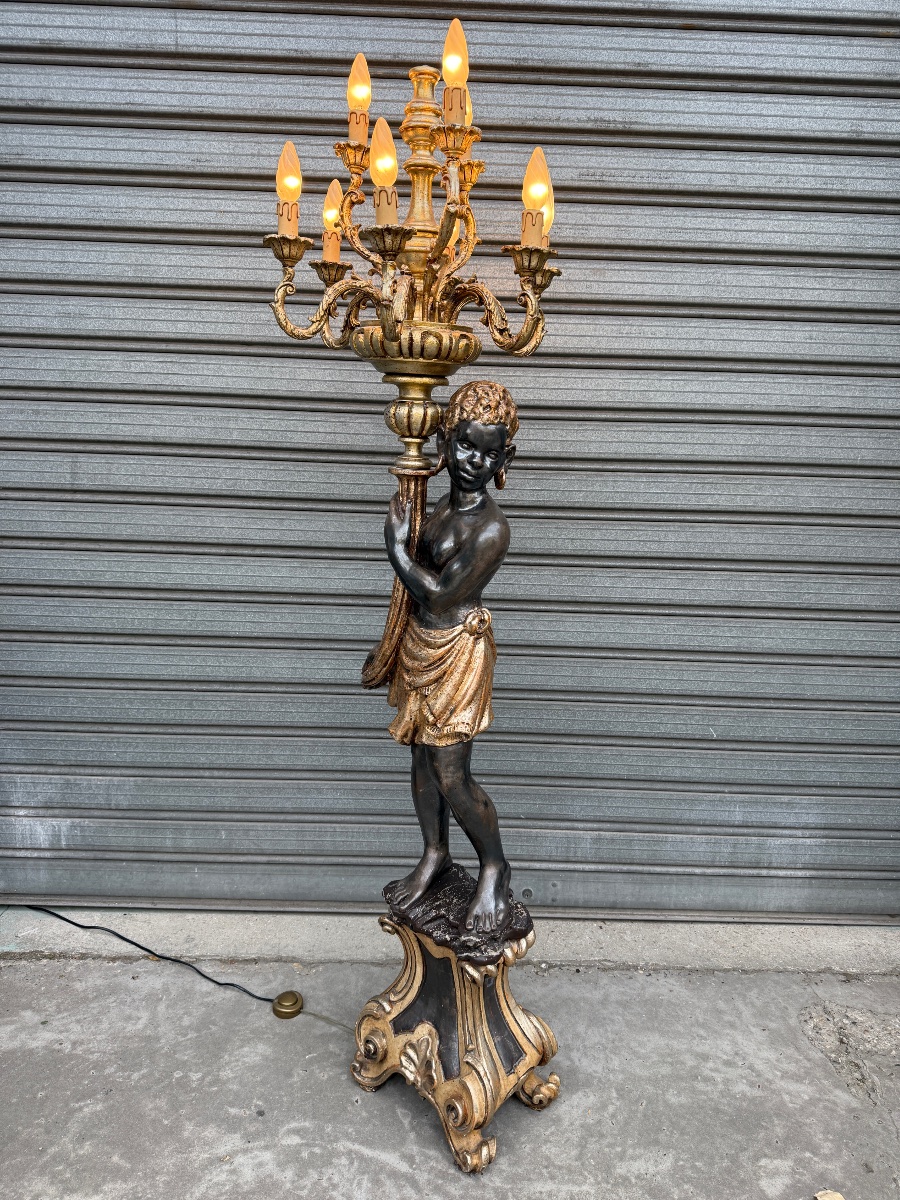 Torchère Nubien en bois sculpté et argenté a 9 lumières , XXème siècle -photo-4