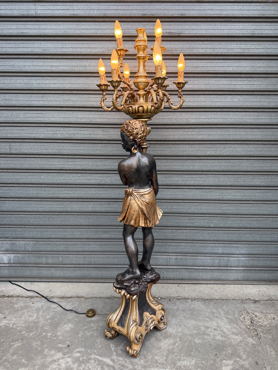 Torchère Nubien en bois sculpté et argenté a 9 lumières , XXème siècle -photo-5