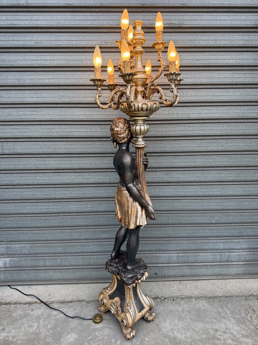 Torchère Nubien en bois sculpté et argenté a 9 lumières , XXème siècle -photo-6
