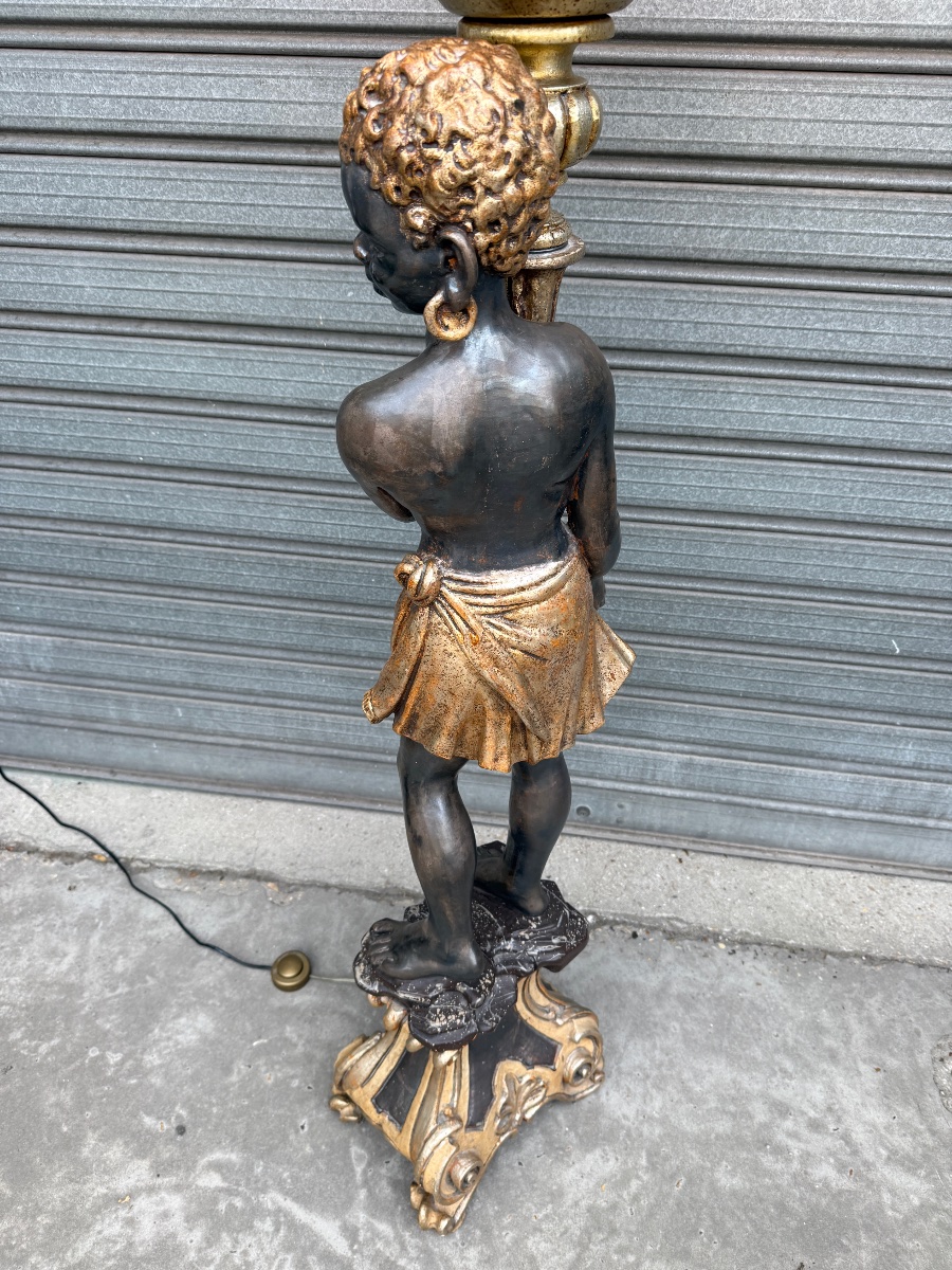 Torchère Nubien en bois sculpté et argenté a 9 lumières , XXème siècle -photo-7