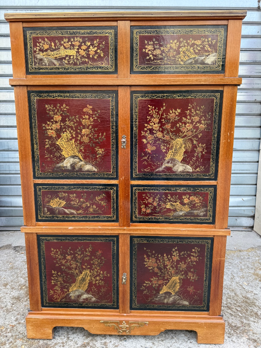 Mahogany Tv Stand With Red Chinese Lacquer Panels, Circa 1960-photo-6