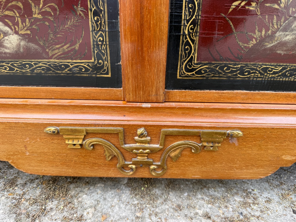 Mahogany Tv Stand With Red Chinese Lacquer Panels, Circa 1960-photo-7