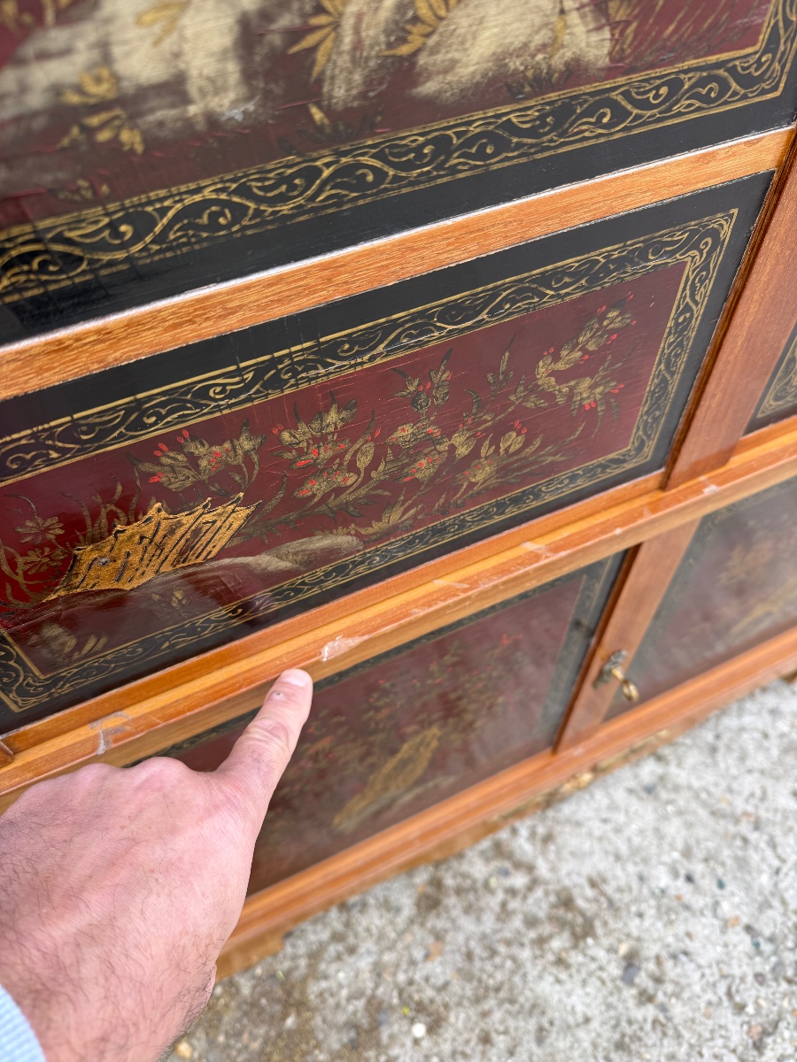 Mahogany Tv Stand With Red Chinese Lacquer Panels, Circa 1960-photo-5