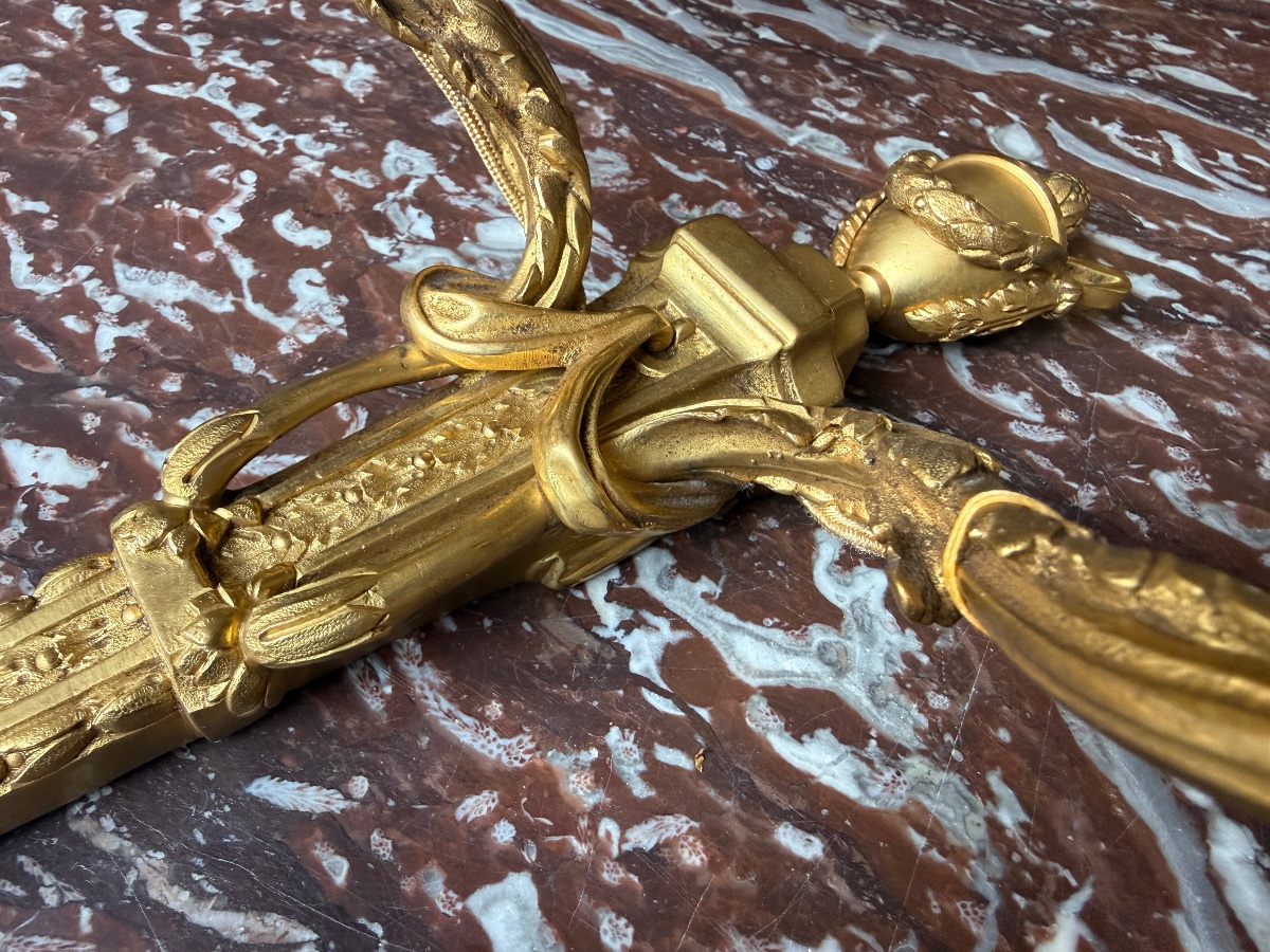 Pair Of Louis XVI-style Wall Sconces In Gilded, Chiseled Bronze, 20th Century -photo-3