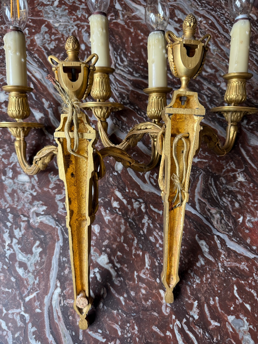 Pair Of Louis XVI-style Wall Sconces In Gilded, Chiseled Bronze, 20th Century -photo-6