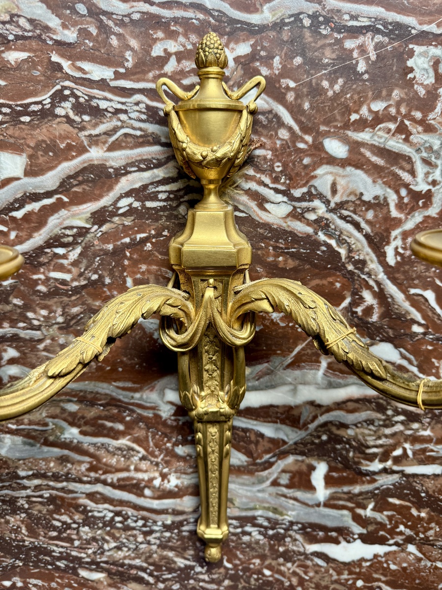 Pair Of Louis XVI-style Wall Sconces In Gilded, Chiseled Bronze, 20th Century -photo-7