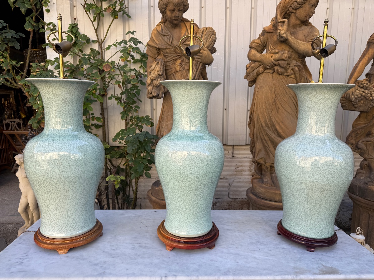 3 Large Celadon Chinese Ceramic Lamps, 20th Century -photo-6