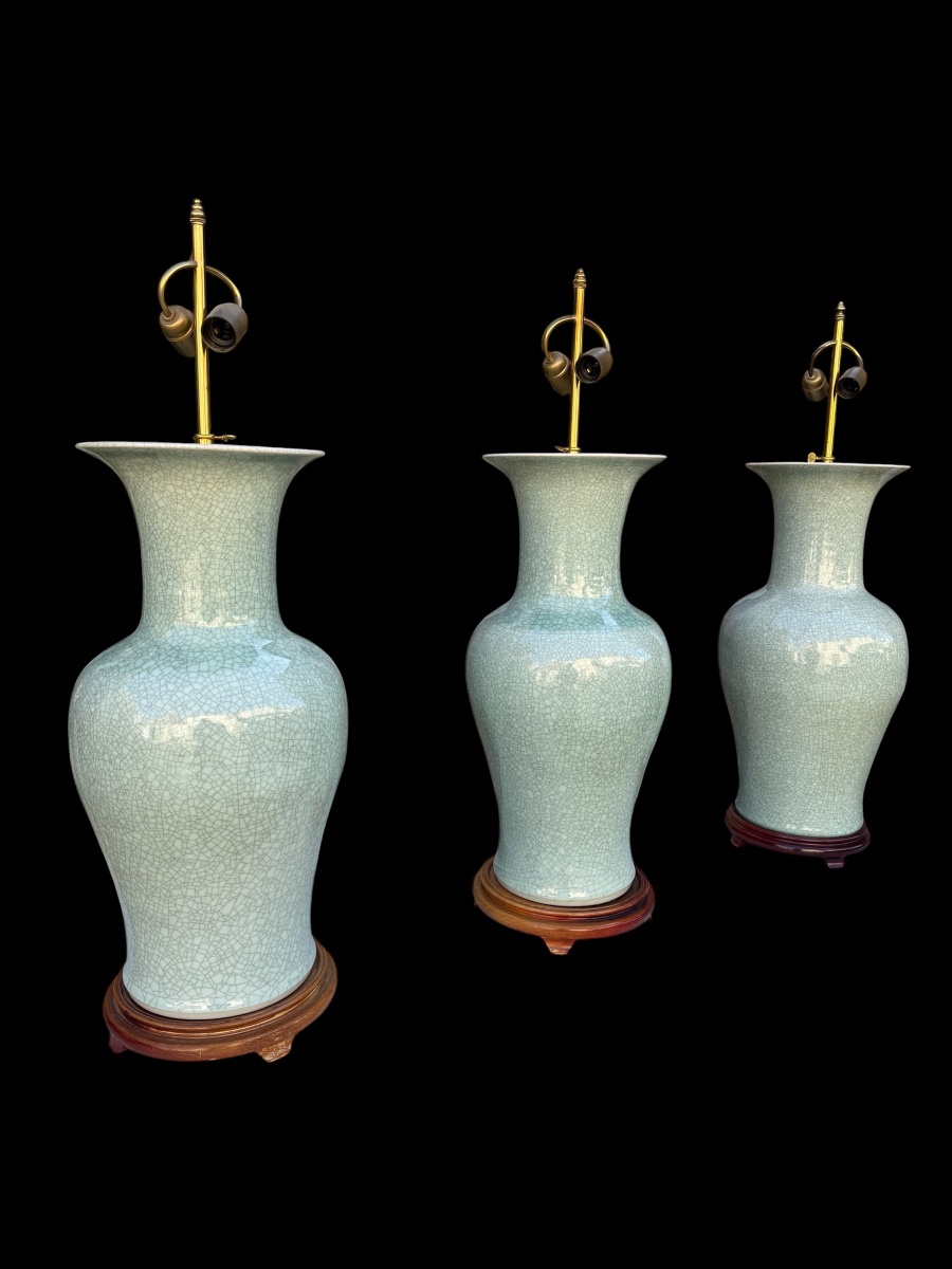 3 Large Celadon Chinese Ceramic Lamps, 20th Century 