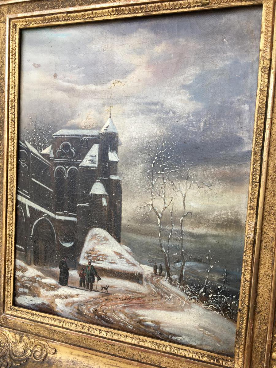 Paysage Sous La Neige, Vue d'Une église, Huile Sur Toile XIXème -photo-4