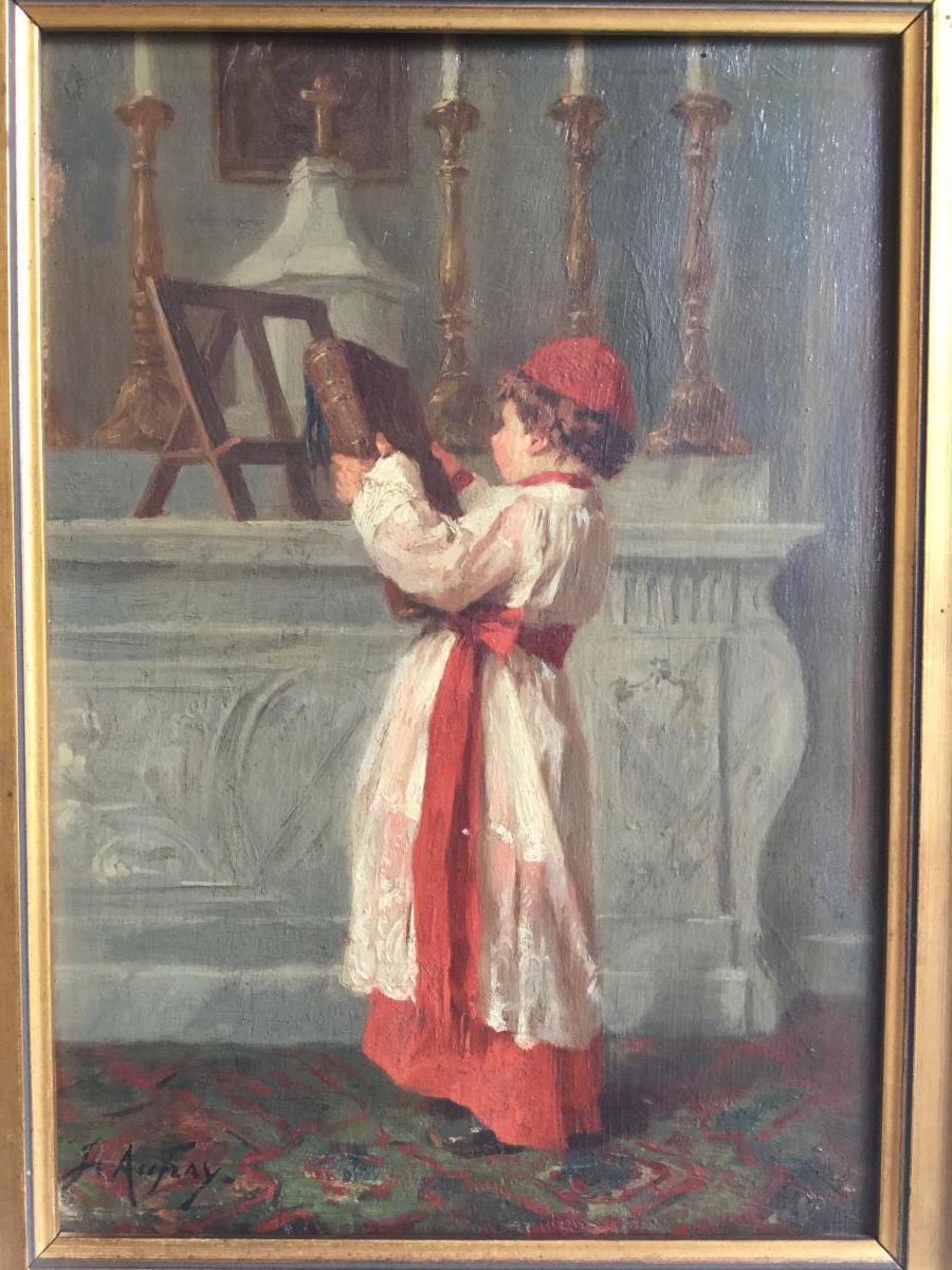 “L’enfant de cœur préparant la messe “ signé Joseph Athanase Aufray (1836-1885).