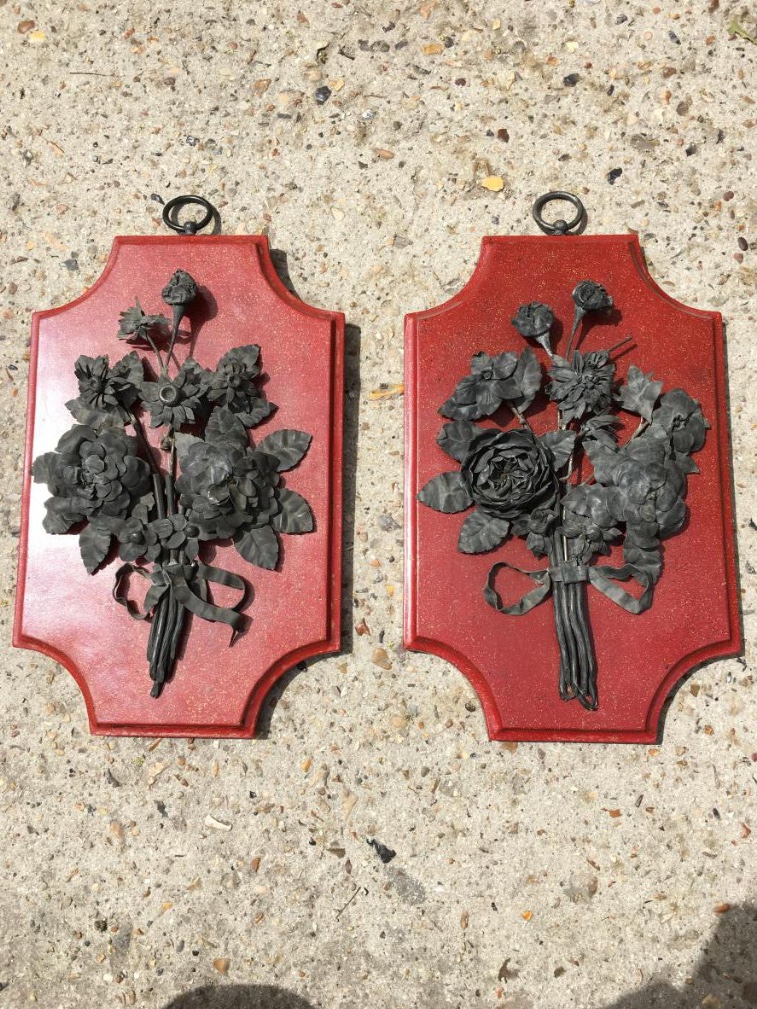 Pair Of Decorative Panels In Pewter, Decor Floral XIX
