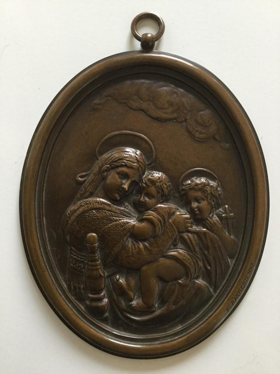 Plaque / Médaillon En Bronze XIXème, Vierge à l'Enfant Signée F. Barbedienne 