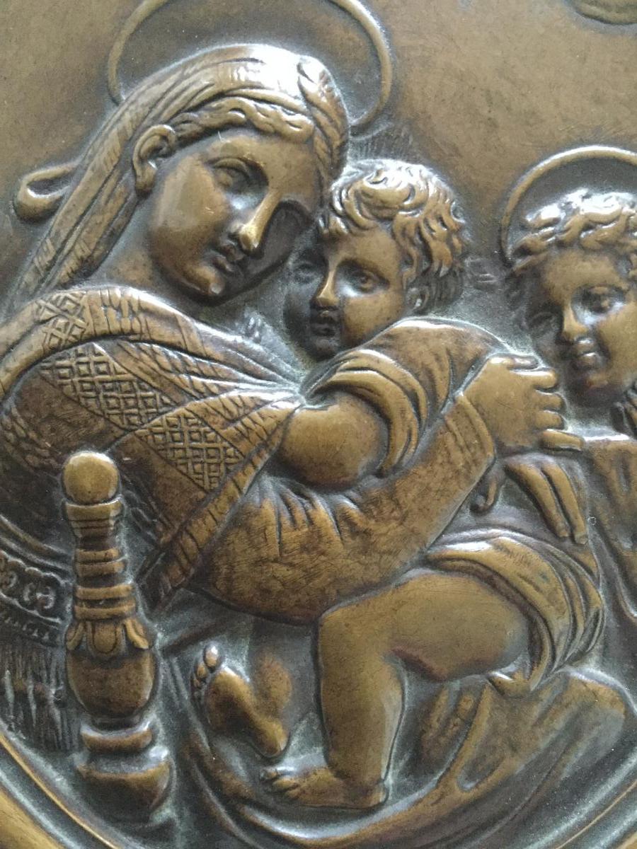 Plaque / Médaillon En Bronze XIXème, Vierge à l'Enfant Signée F. Barbedienne -photo-3
