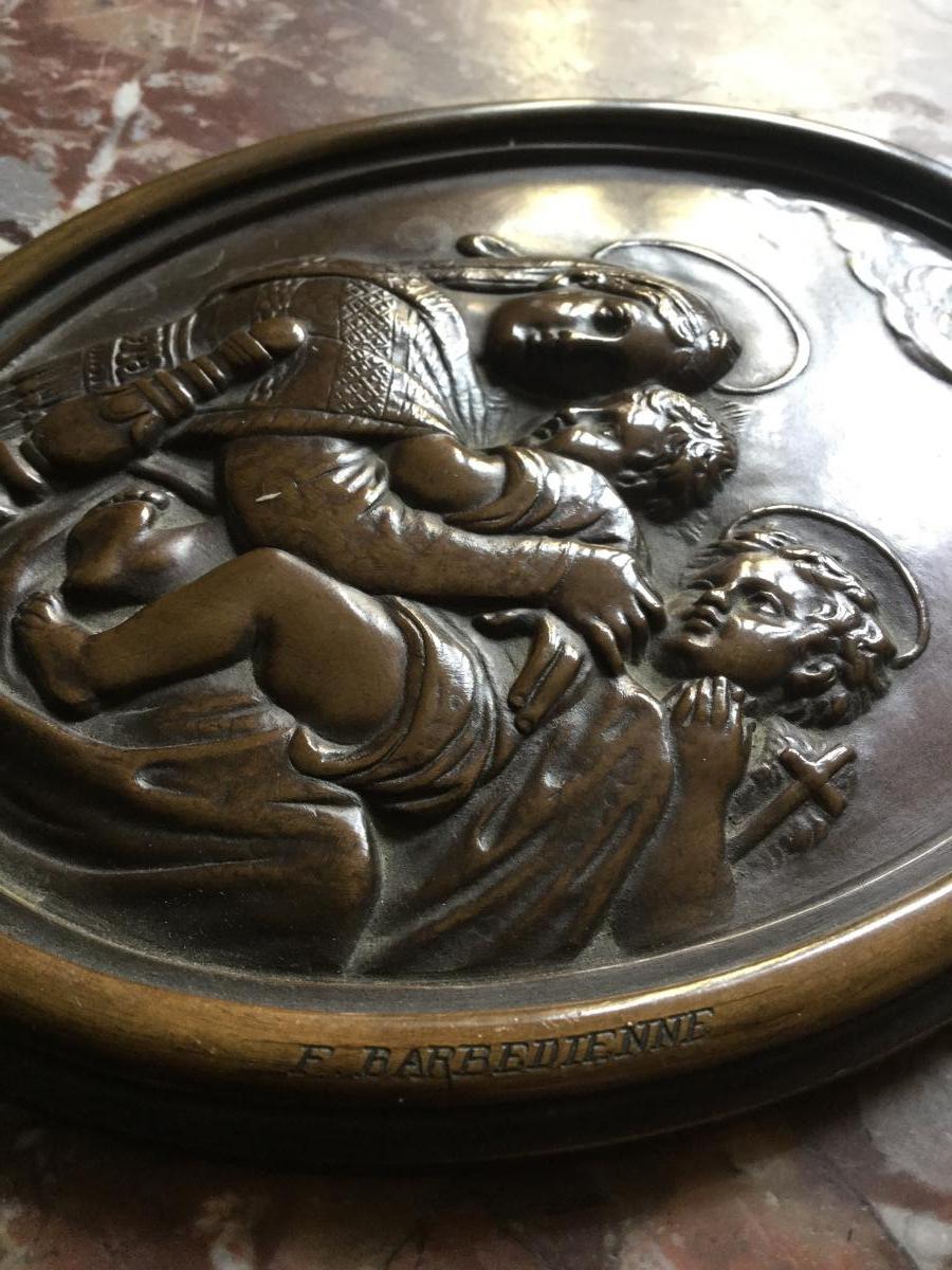 Plaque / Médaillon En Bronze XIXème, Vierge à l'Enfant Signée F. Barbedienne -photo-4
