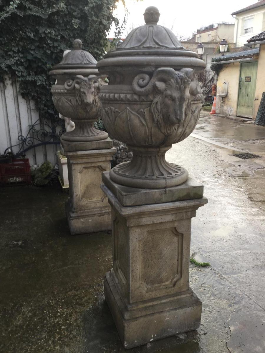 Great Pair Of Vases Covered On Louis XVI Style Pedestals, Decor Aries Heads, Garden, Park-photo-1