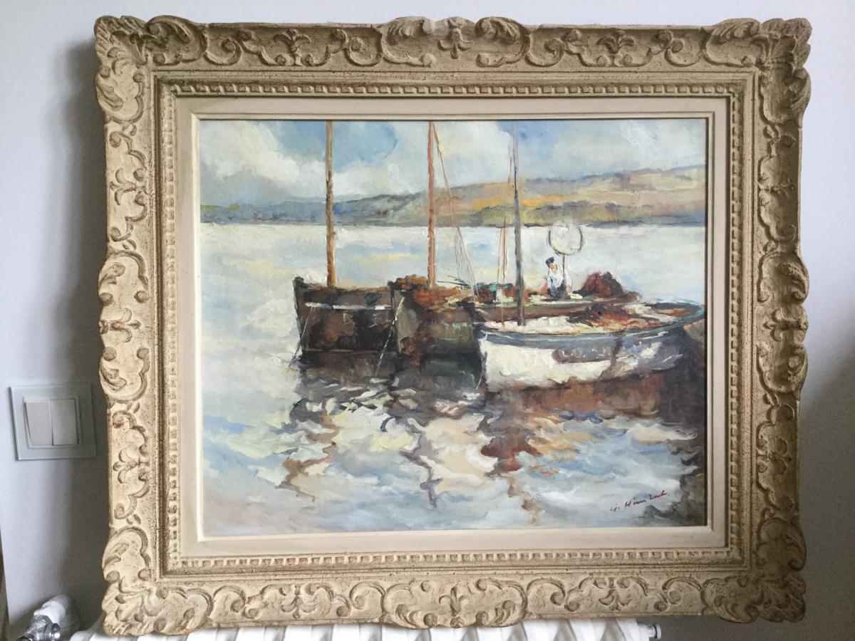 View Of Brittany, Fishing Boats, Oil On Canvas Old Signed