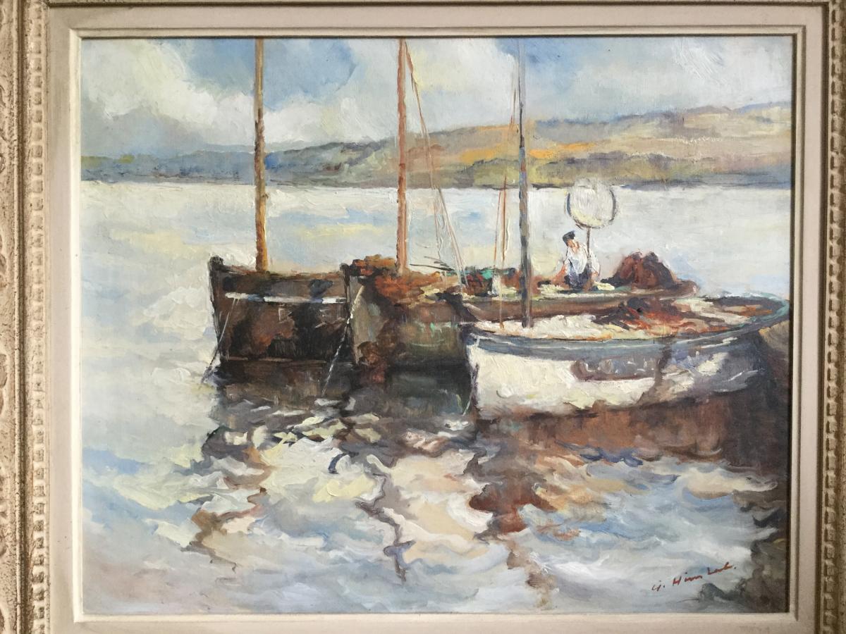 View Of Brittany, Fishing Boats, Oil On Canvas Old Signed-photo-2