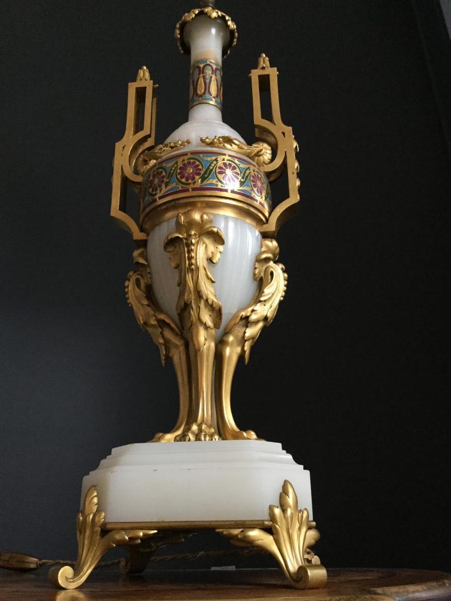 Pied De Lampe XIXème En Onyx Et Bronzes Dorés Cloisonnés Signé F. Barbedienne -photo-3