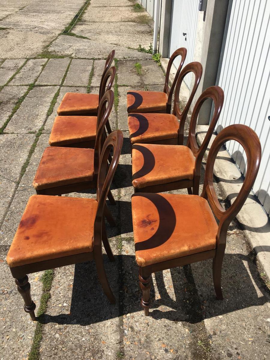 Set Of 8 English Style Mahogany And Beech Chairs, Leather Seat-photo-3