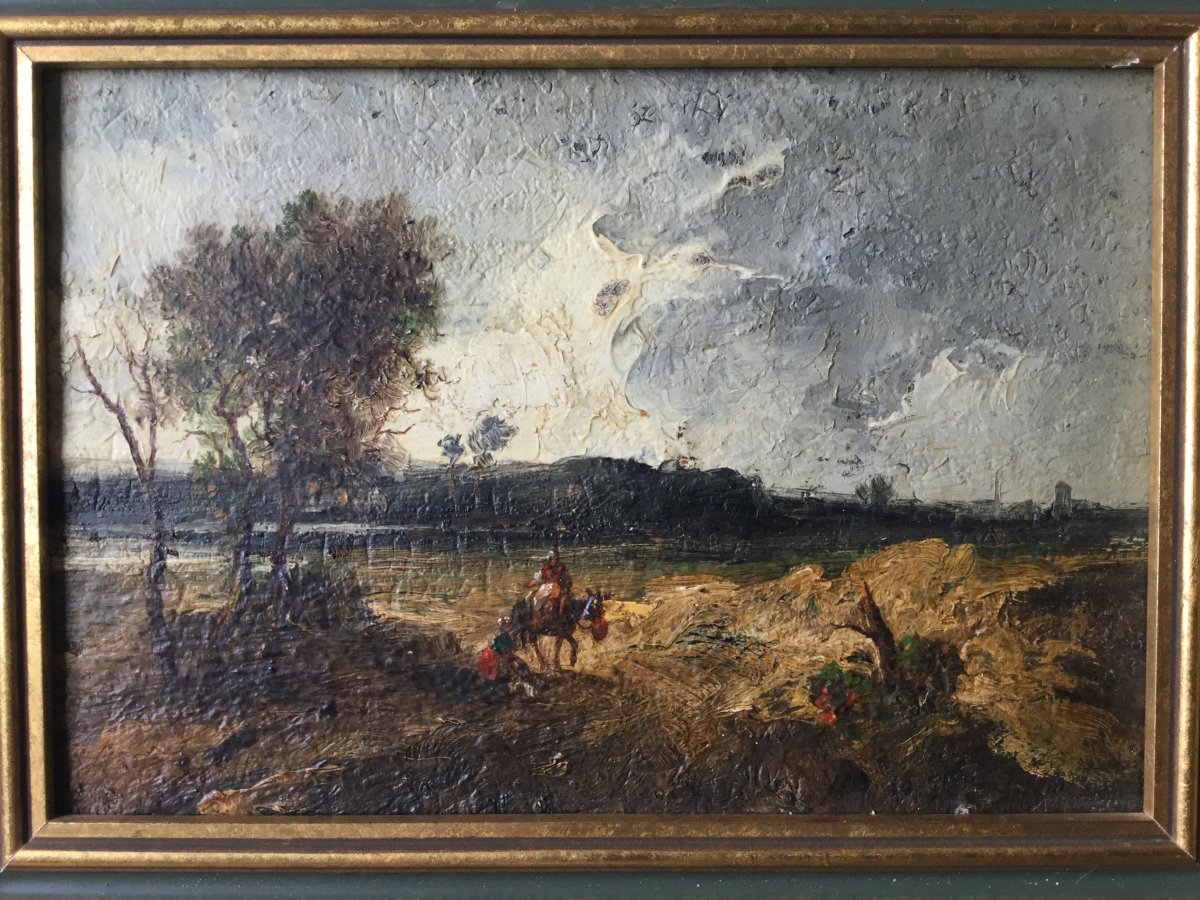 Huile Sur Bois, Paysage De Campagne Début 1900, âne, paysan...