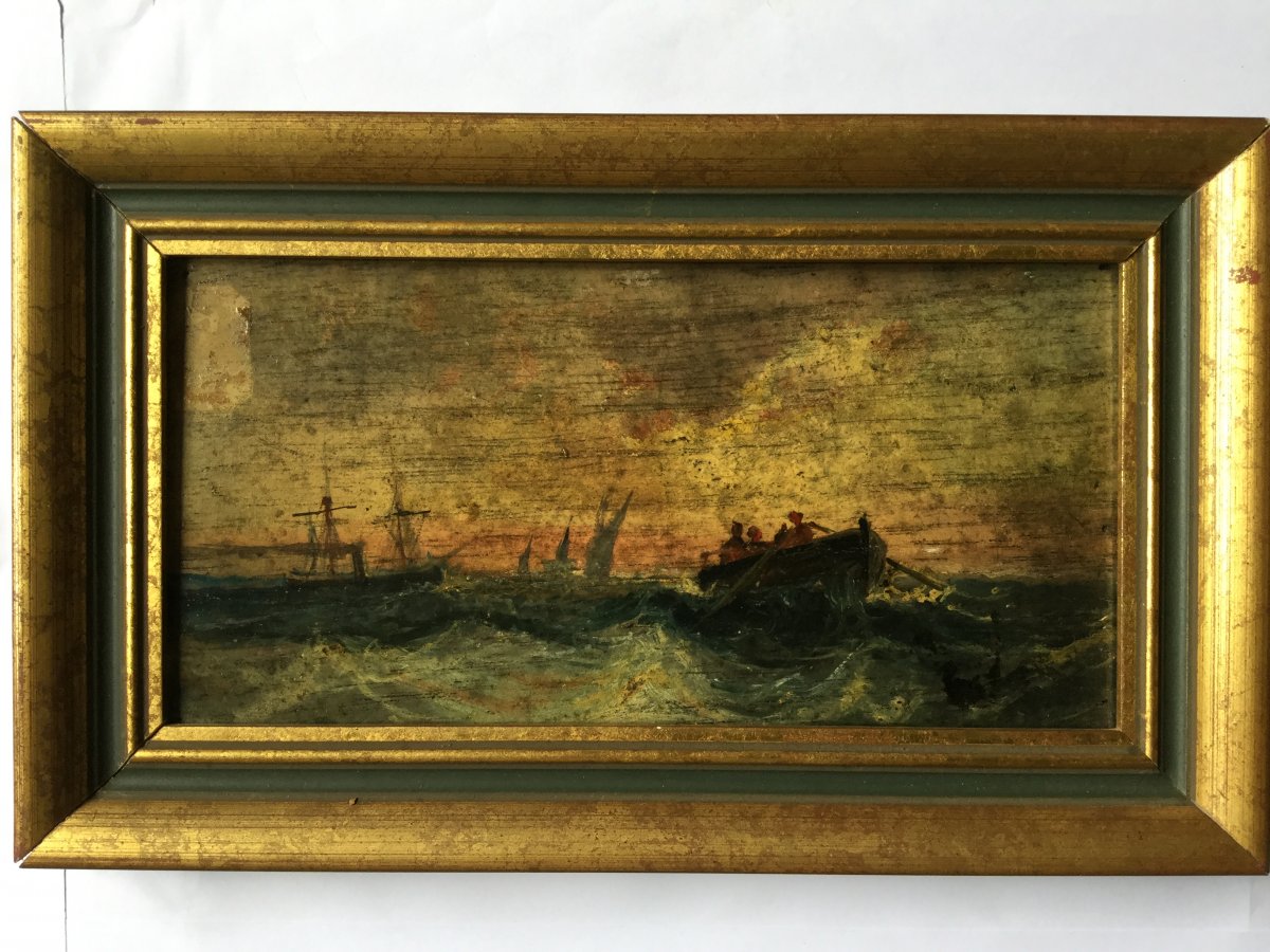 Marine Early 1900, Oil On Wood Representative Boats On A Sea Wave-photo-2