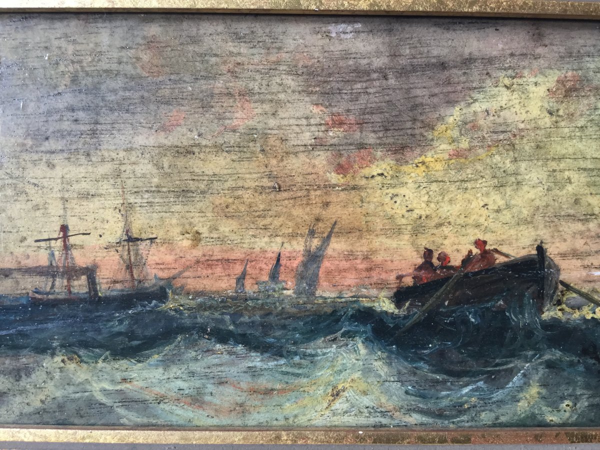 Marine Early 1900, Oil On Wood Representative Boats On A Sea Wave-photo-3