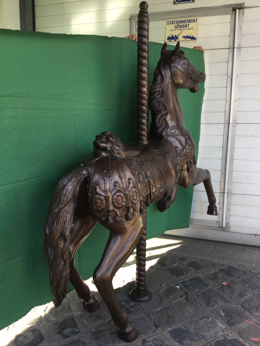 Statue en bronze, Cheval De Manège à Patine Brune XXème -photo-2
