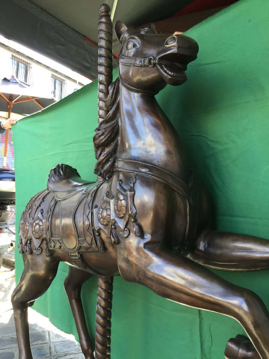 Statue en bronze, Cheval De Manège à Patine Brune XXème -photo-3