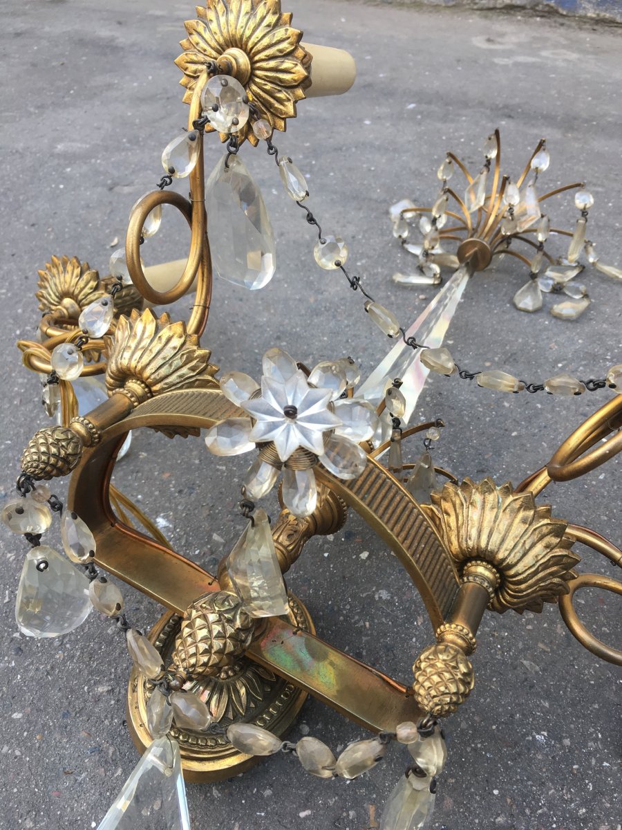 Paire D’appliques De Style Louis XVI En Bronze Doré Et Pampilles De Cristal -photo-6