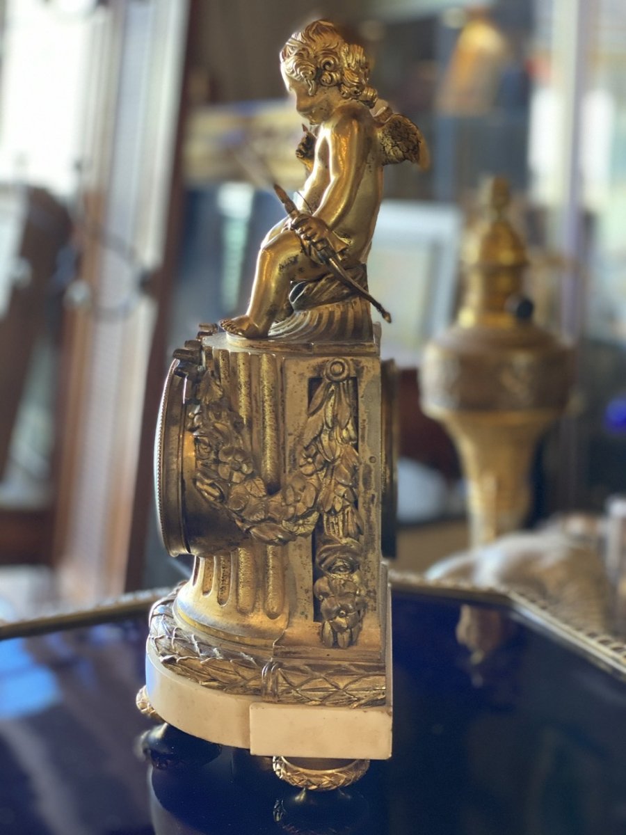 Pendule Au Cupidon En Bronze Et Marbre De Style Louis XVI, époque XIXème -photo-3