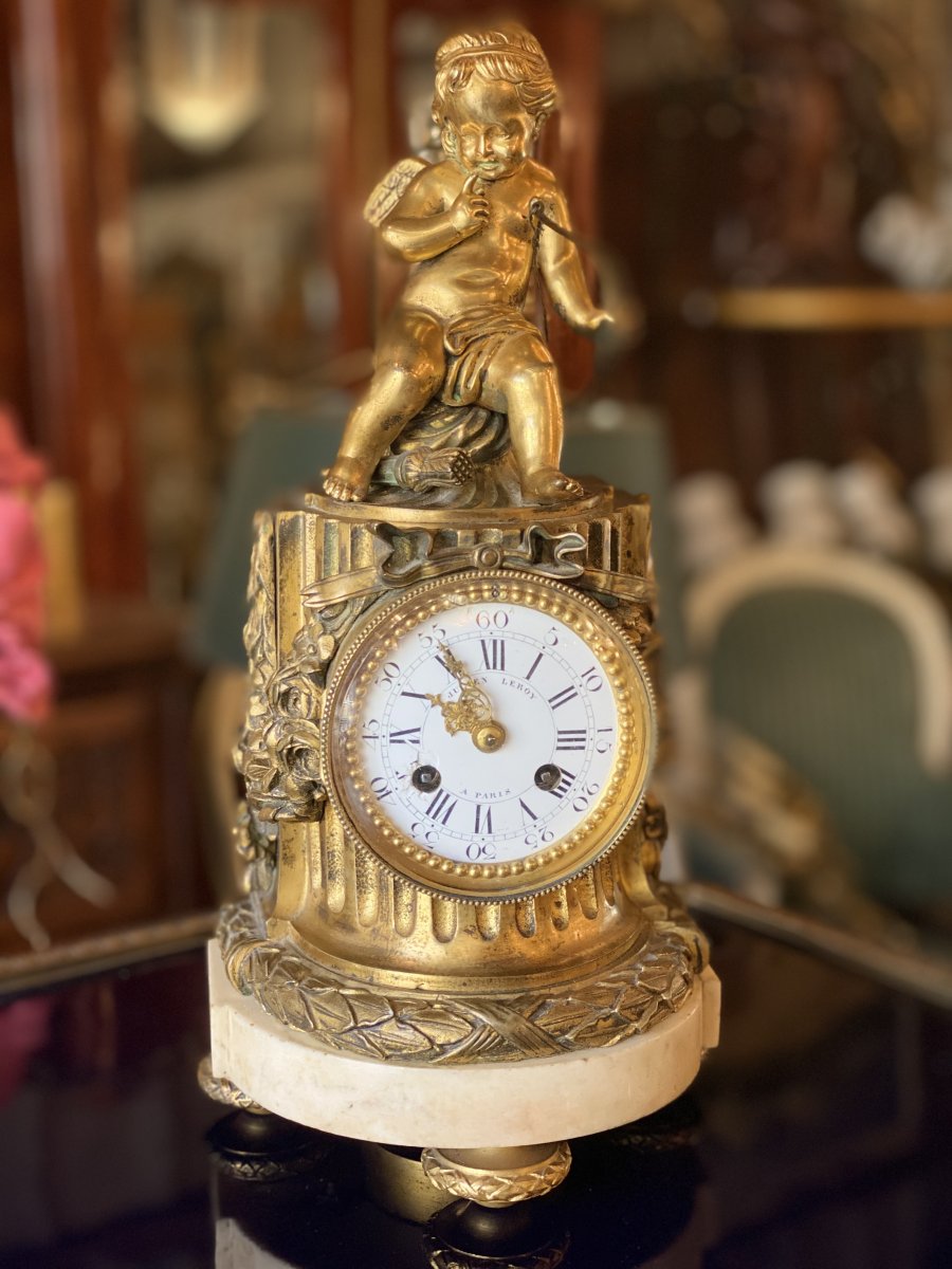 Louis XVI Style Bronze And Marble Cupid Clock, Nineteenth Time