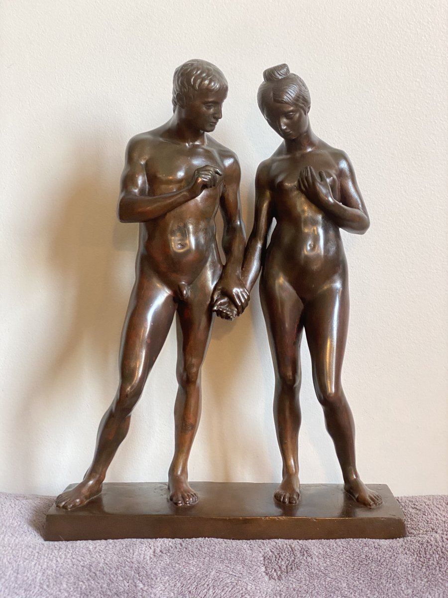 Adam And Eve, Human Couple, Old Bronze Signed Márk Vedres (1870-1961)-photo-1