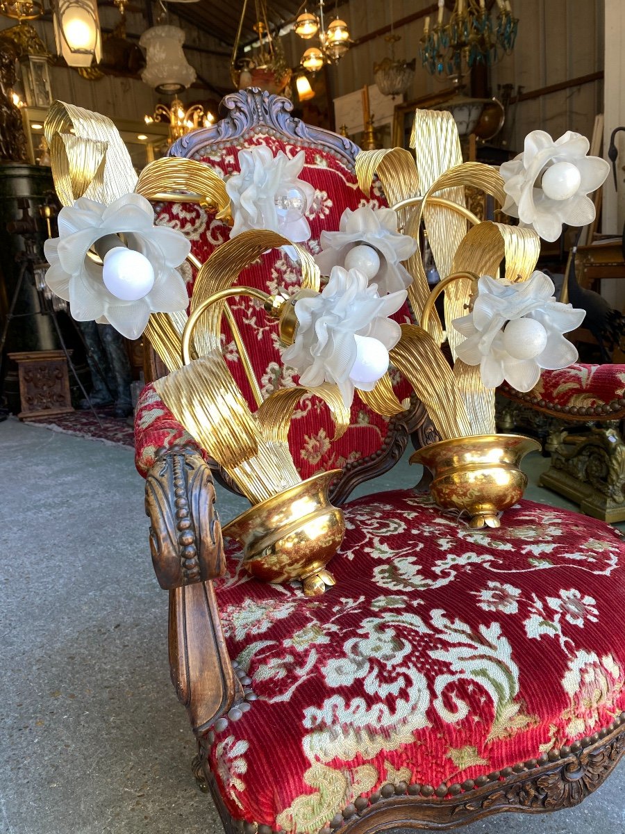 Pair Of Golden Metal Sconces Decorated With Foliage And Glass Flowers-photo-1