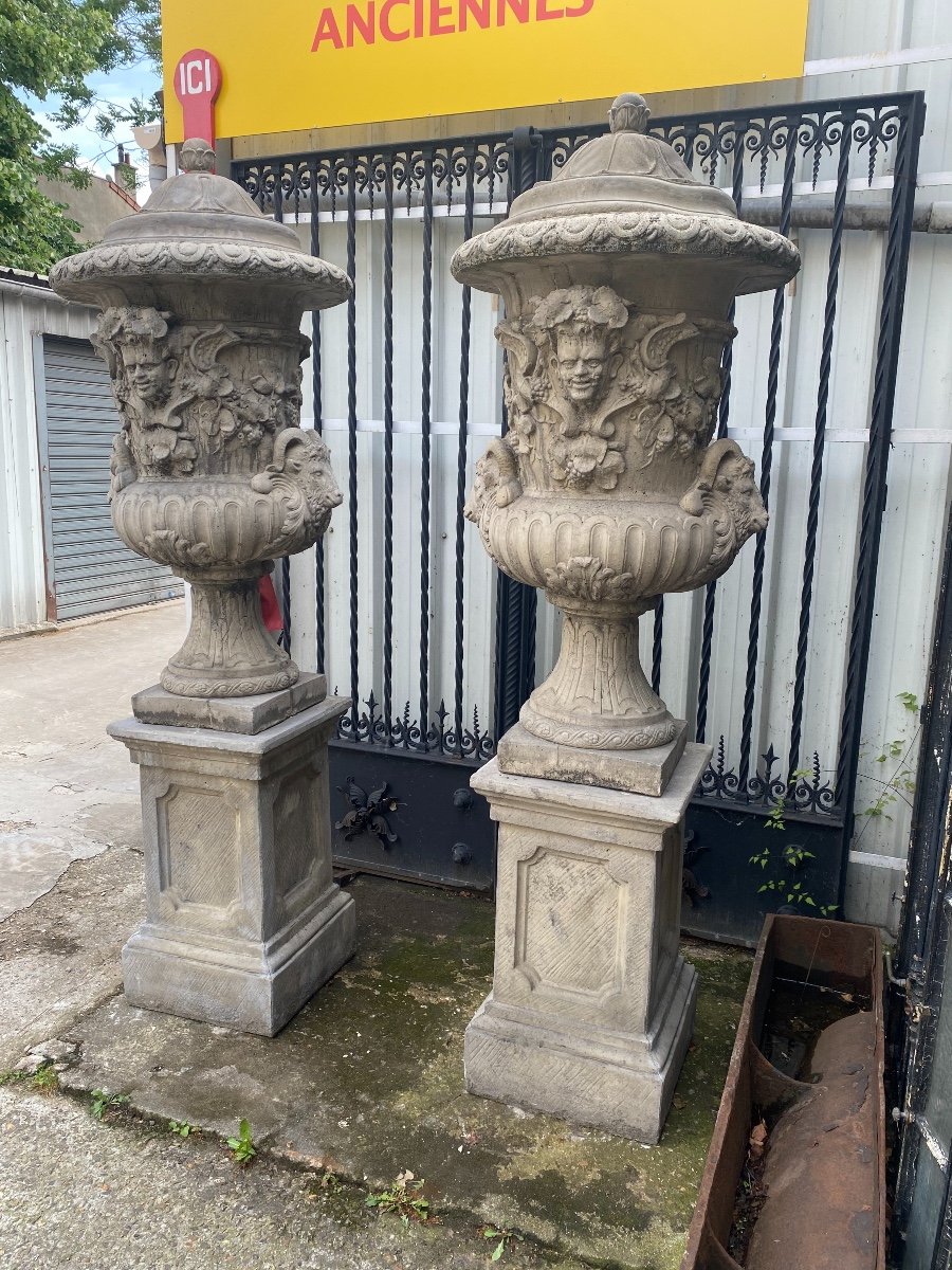 Important Pair Of Medici Vases On Plinths Decorated With Heads Of Rams, Fauna And Foliage-photo-3