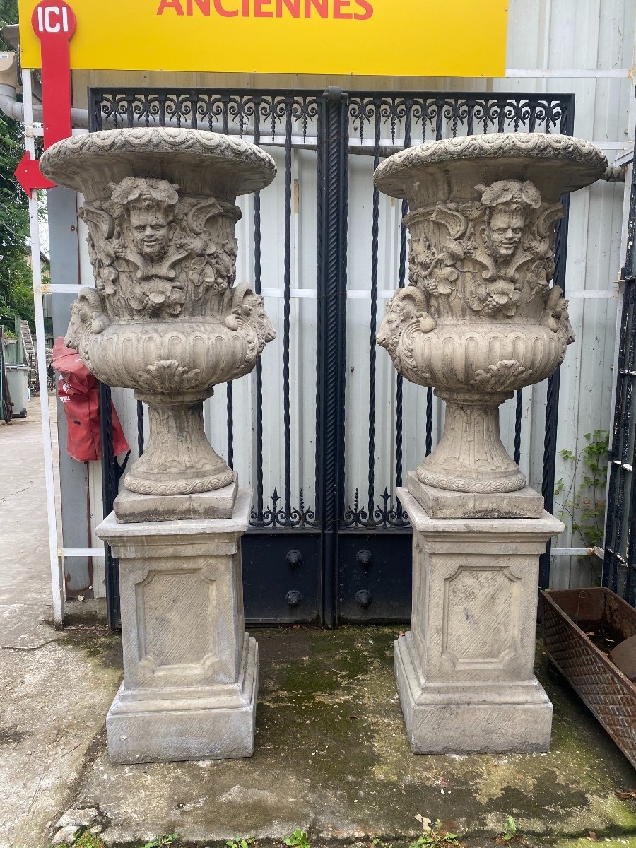 Important Pair Of Medici Vases On Plinths Decorated With Heads Of Rams, Fauna And Foliage-photo-8