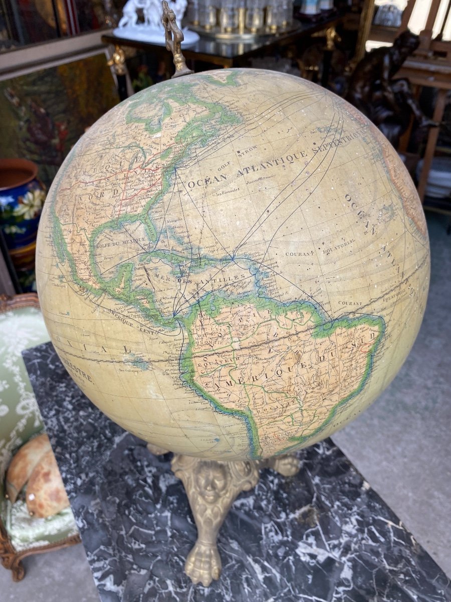 Globe Terrestre Fin XIXème Sur Pied Griffe En Fonte, Par J. Lebègue Paris -photo-4