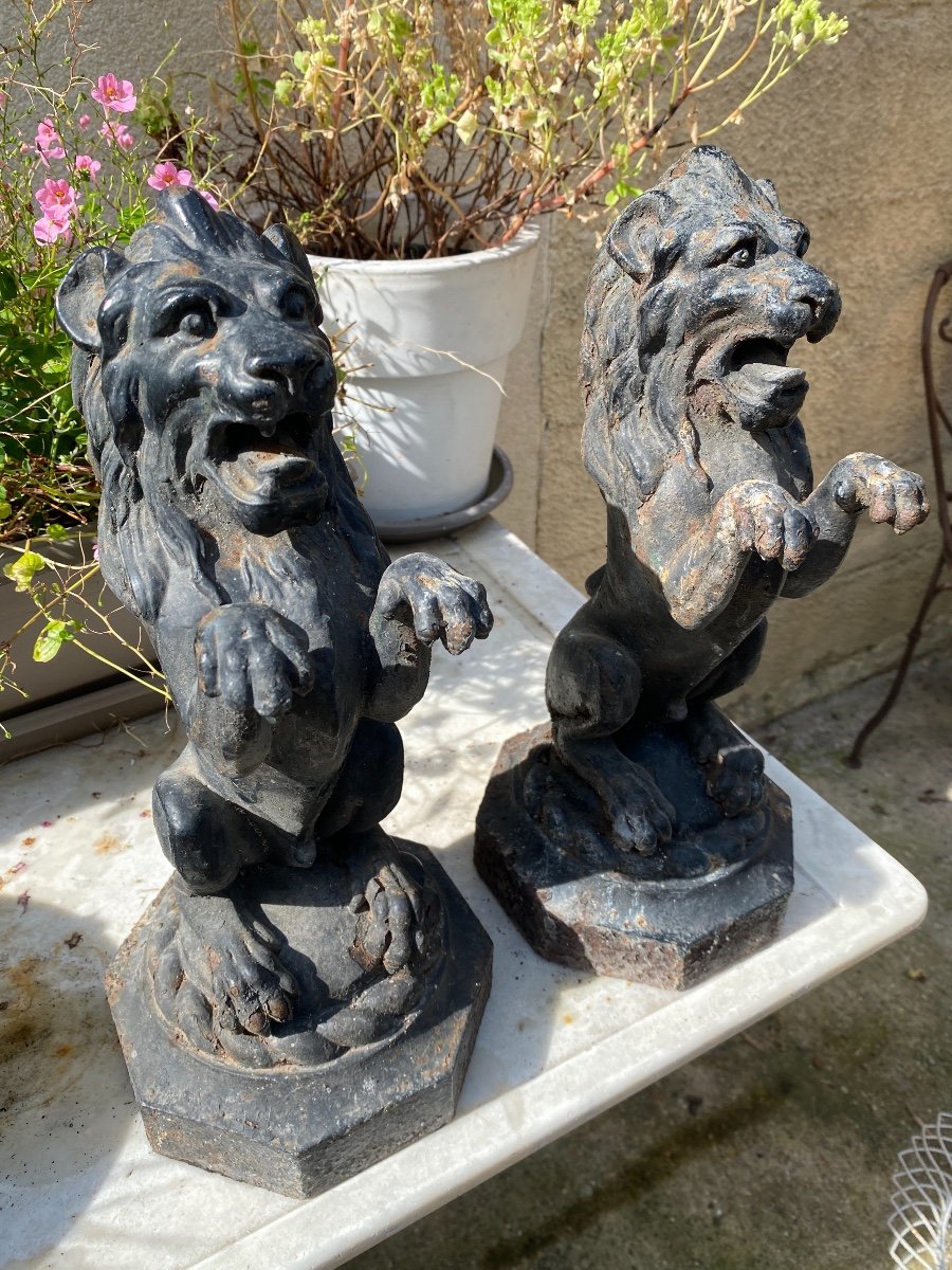 Pair Of Old Cast Iron Lions For Garden, Top Of Pillars, Perron, Staircase, Park ...-photo-3