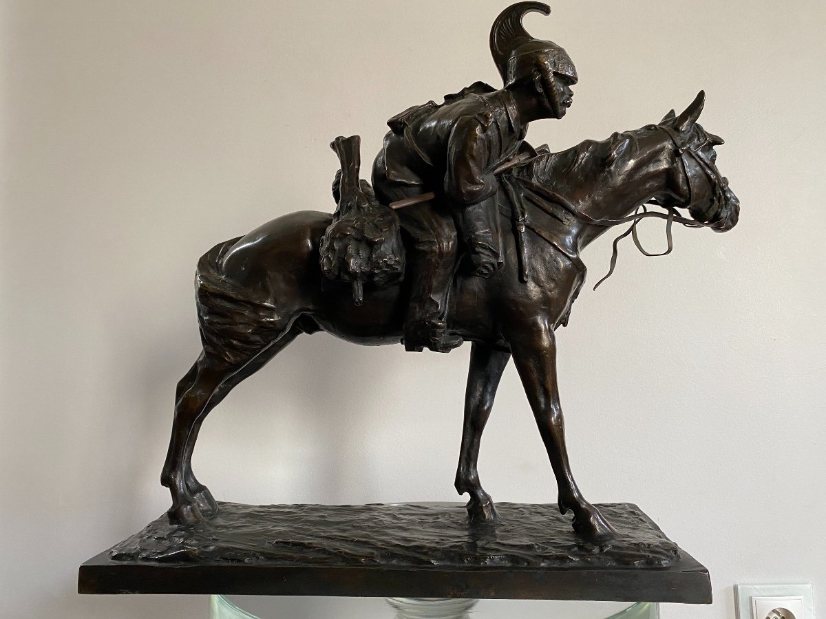 Cavalier à Cheval En Bronze Signé Francesco Ferruccio Crespi (1861-1891) Armée, Savoie, Italie 