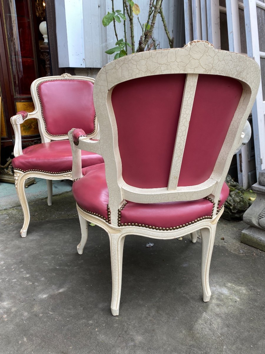 Paire De Fauteuils Cabriolet De Style Louis XV Laqué, tapissé Cuir -photo-4