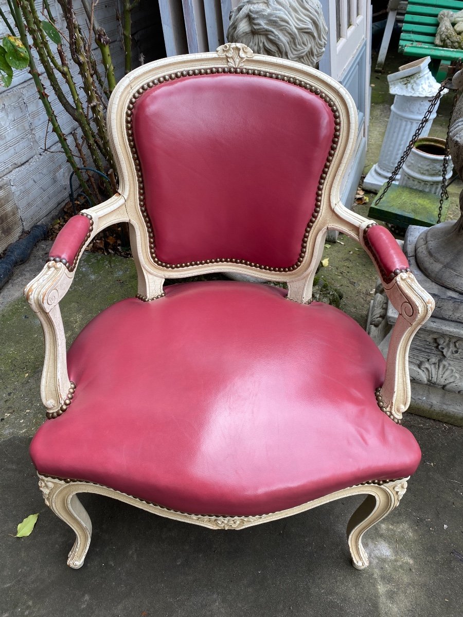 Pair Of Lacquered Louis XV Style Cabriolet Armchairs, Leather Upholstered-photo-1